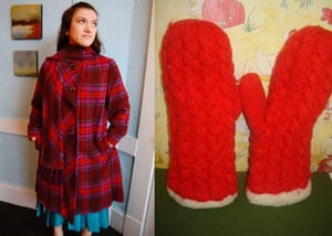 womens vintage 70s plaid coat and red mittens from etsy