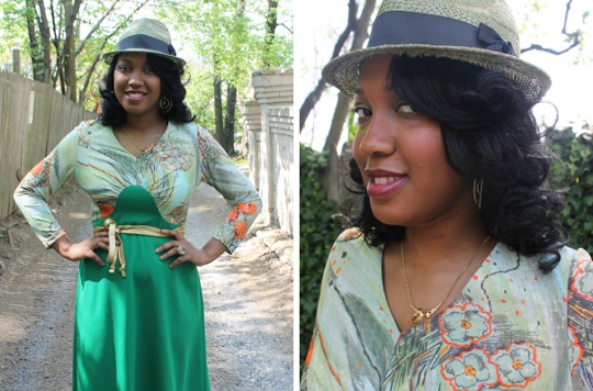 fashion blogger stylish thought wearing a fedora hat and gold waist tie belt with a green 1970s maxi dress