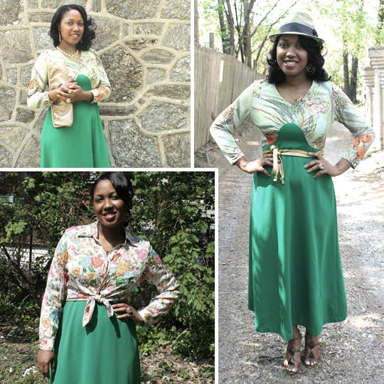 1970s green maxi dress worn with 3 sets of accessories