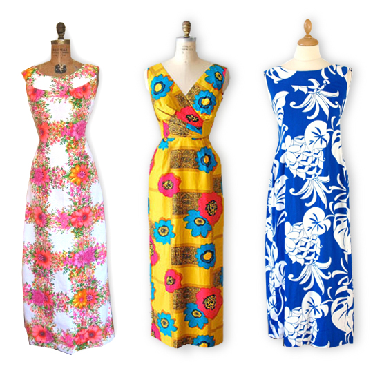 3 different vintage hawaiian maxi dresses