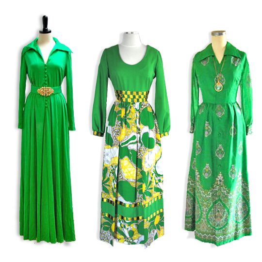 3 different green vintage maxi dresses
