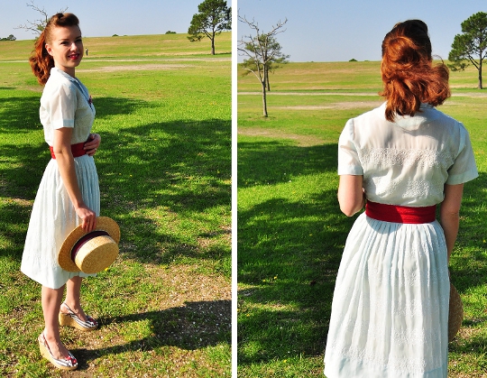 1950s vintage shirtwaist dress styled with a boater hat