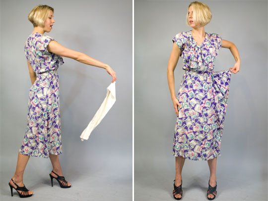 a 1940s vintage dress made from rayon and designed with a novelty print
