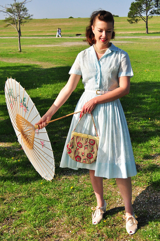 1950s shirtwaist dress with parasol
