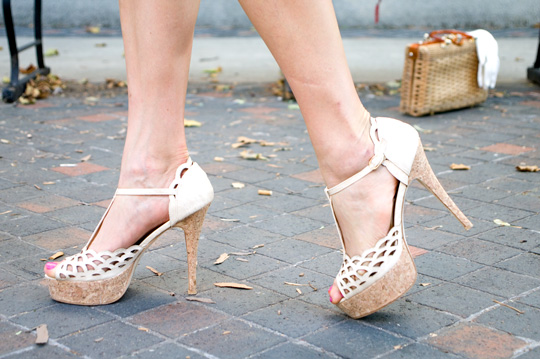 cork t strap heels worn on feet