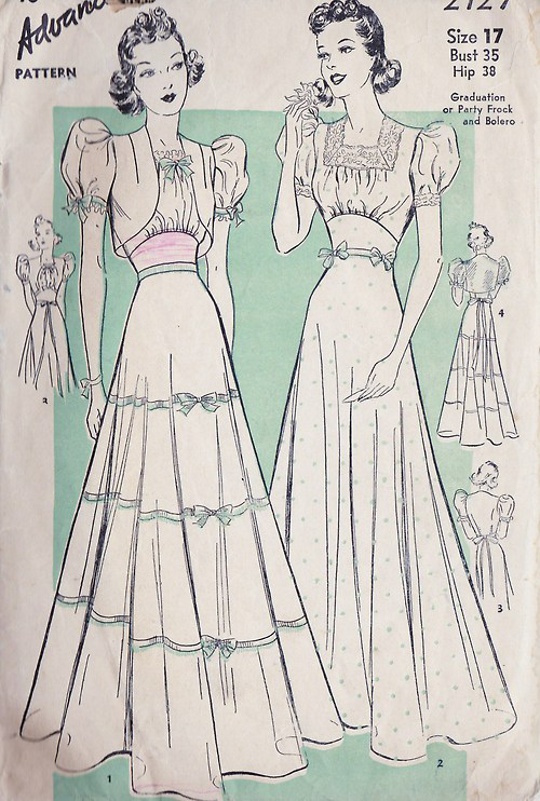 1930s sewing patterns of party dresses with puff sleeves