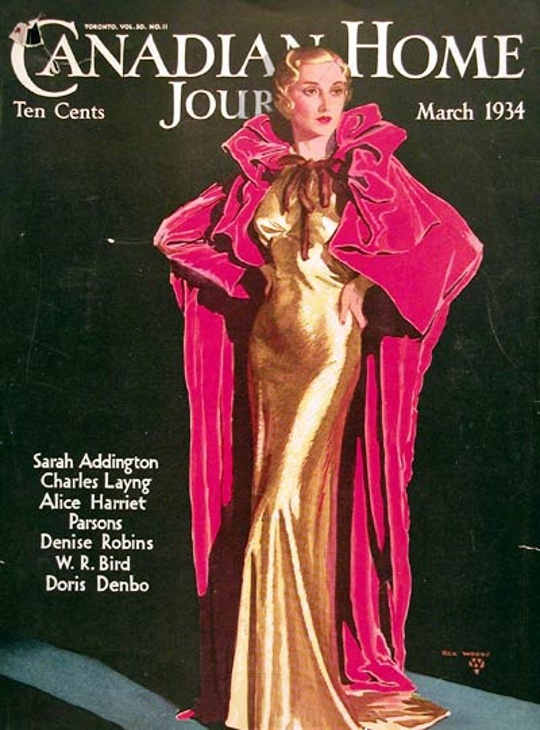 1930s fashion advertisement showing velvet cape and silk dress